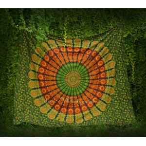 Green Yellow Orange Mandala Hipster Energy Circles Tapestry indie Boho Bedding   222660525987
